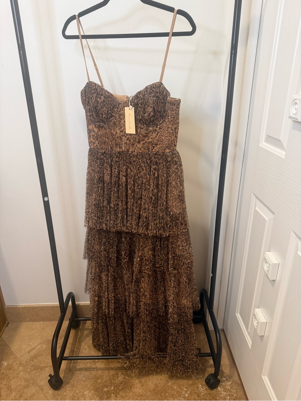 Anthropologie Hutch Zaria Tiered Brown Mesh Leopard-Print Spaghetti Strap Dress